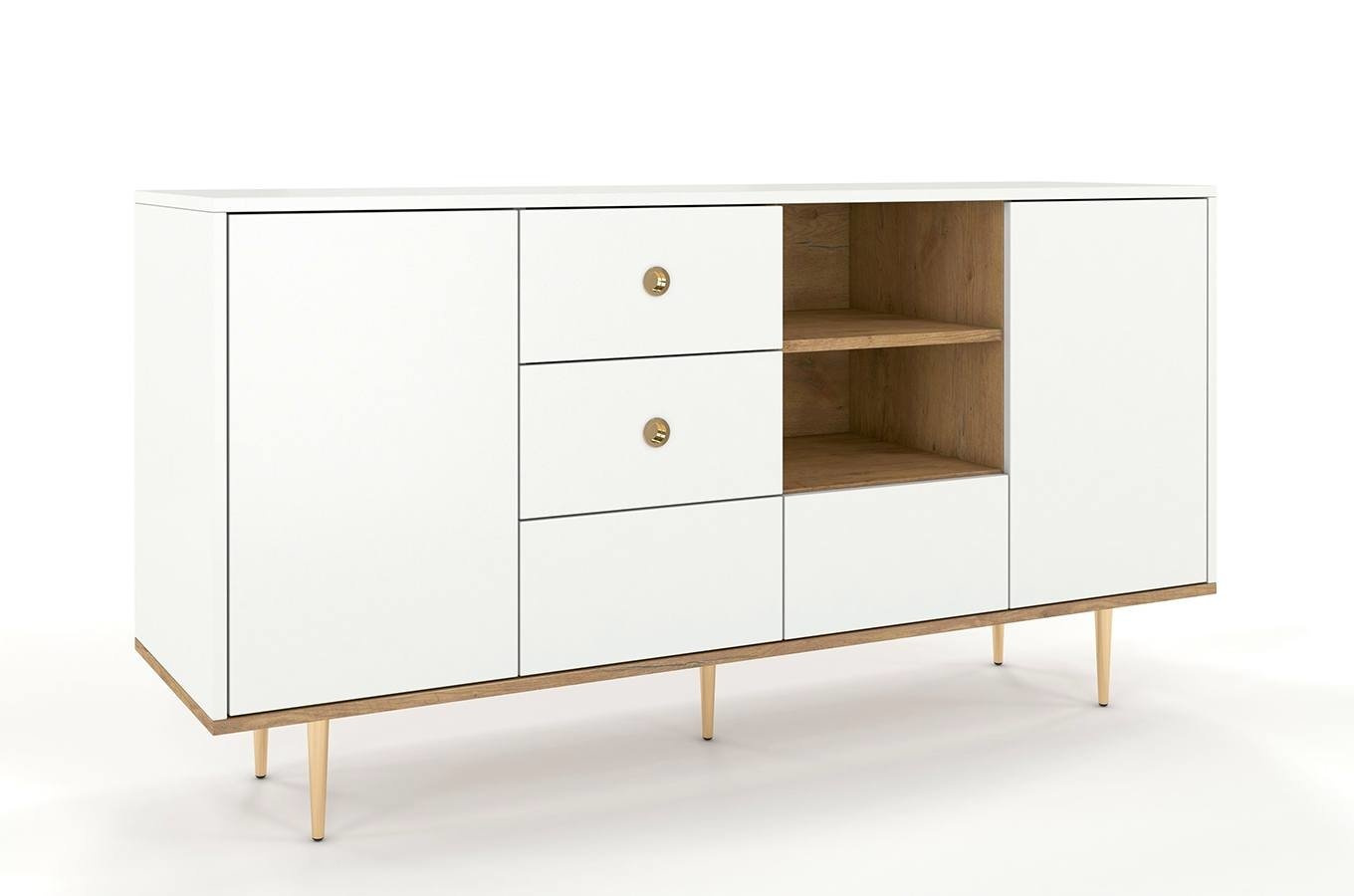 Harmoni Kommode Mit Goldenen Details / 2 Türen / 4 Schubladen / 2 Offenen Fächern / 160 Cm / Eiche / Weiß