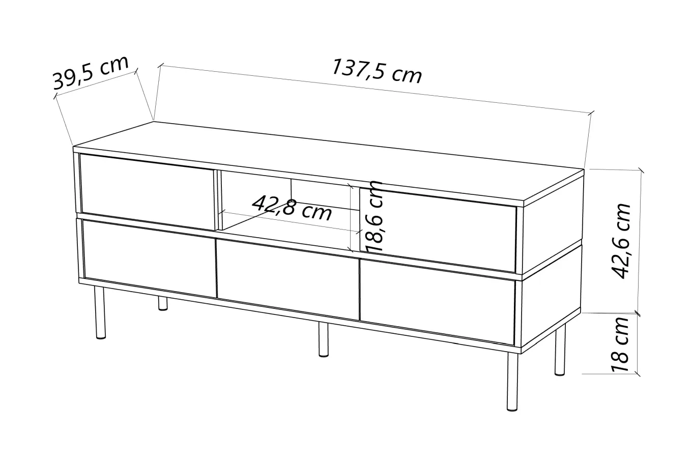Dancan Marika Tv-Kommode Mit Goldenen Akcentem / Hochglanz / 5 Schubladen / 1 Offenem Fach / 137 Cm / Weiß