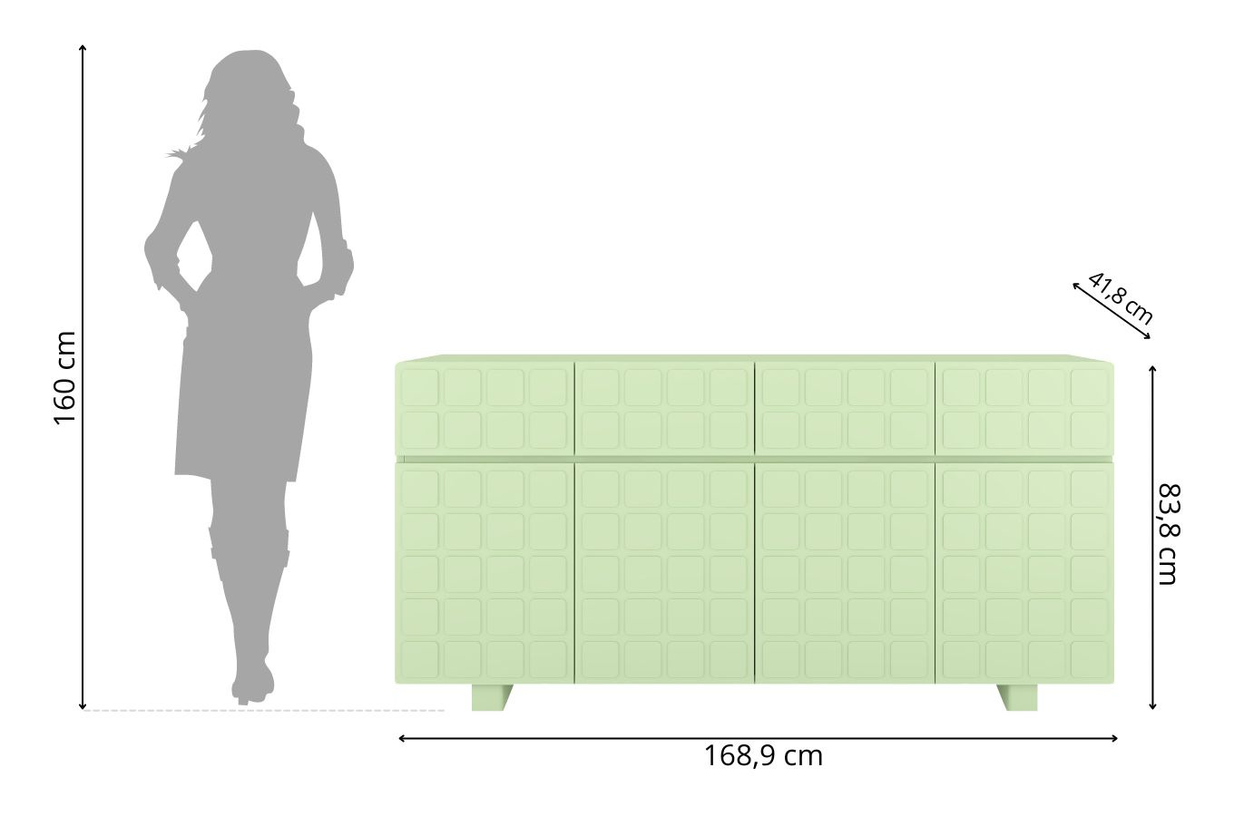 Skandica Cubo Long Kommode 3D mit dekorierter Front / 4 Schubladen / 4 Türen / 169 Cm / Pastellgrün