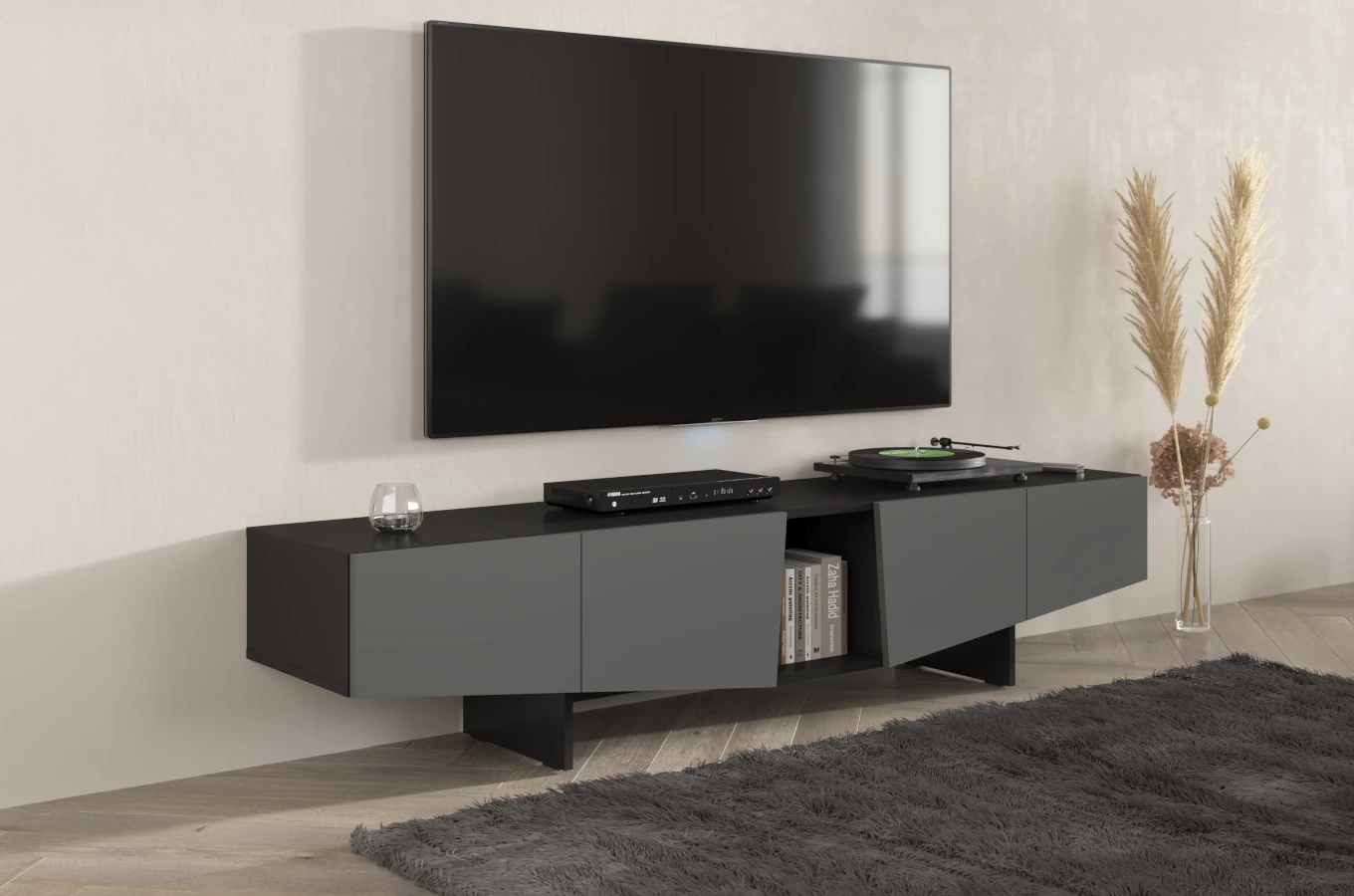 Skandica Wing Moderne TV-Schrank mit Schubladen / Asymmetrische Fronten / 200 Cm / Schwarz-Grau