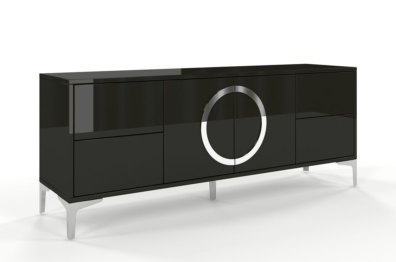 Dancan Eva Moderne Tv-Schrank Mit Silbernen Akzenten / Hochglanz / 4 Schubladen / 150 Cm / Schwarz