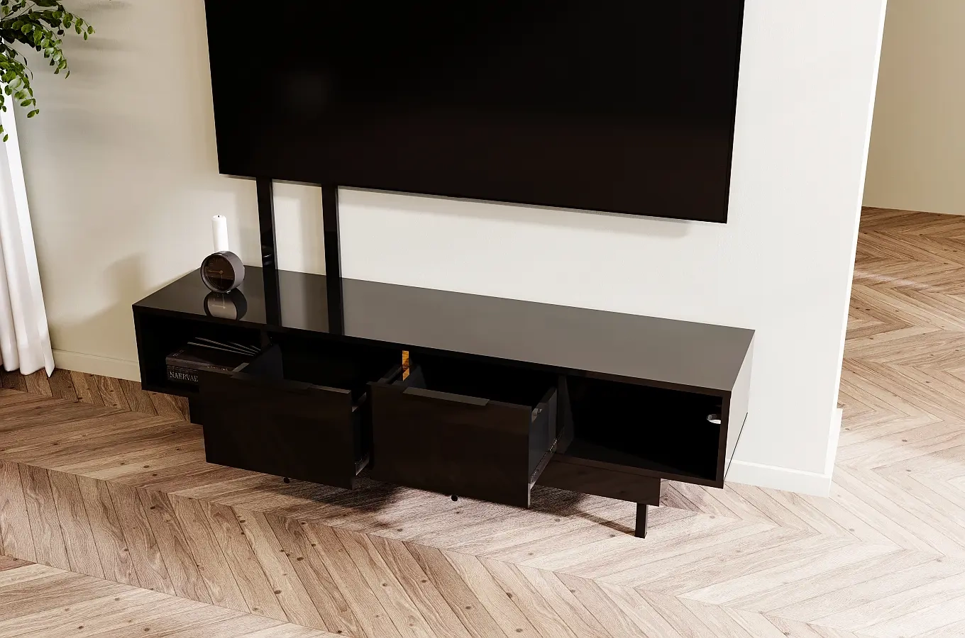 Dancan Artemisa Tv-Kommode Mit Goldenem Akzent / Hochglanz / 2 Schubladen / 2 Offenen Fächern / 163 Cm / Schwarz