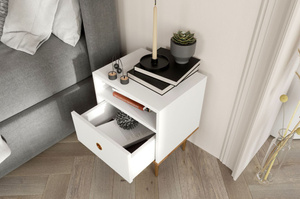  Skandica Harmoni Nachttisch Mit Goldenen Details / 1 Schublade / 1 Offenes Fach / 44 Cm / Eiche / Weiß