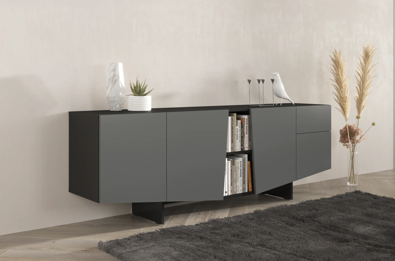 Skandica Wing Moderne Kommode mit Schubladen / Asymmetrische Fronten / 200 Cm / Schwarz-Grau