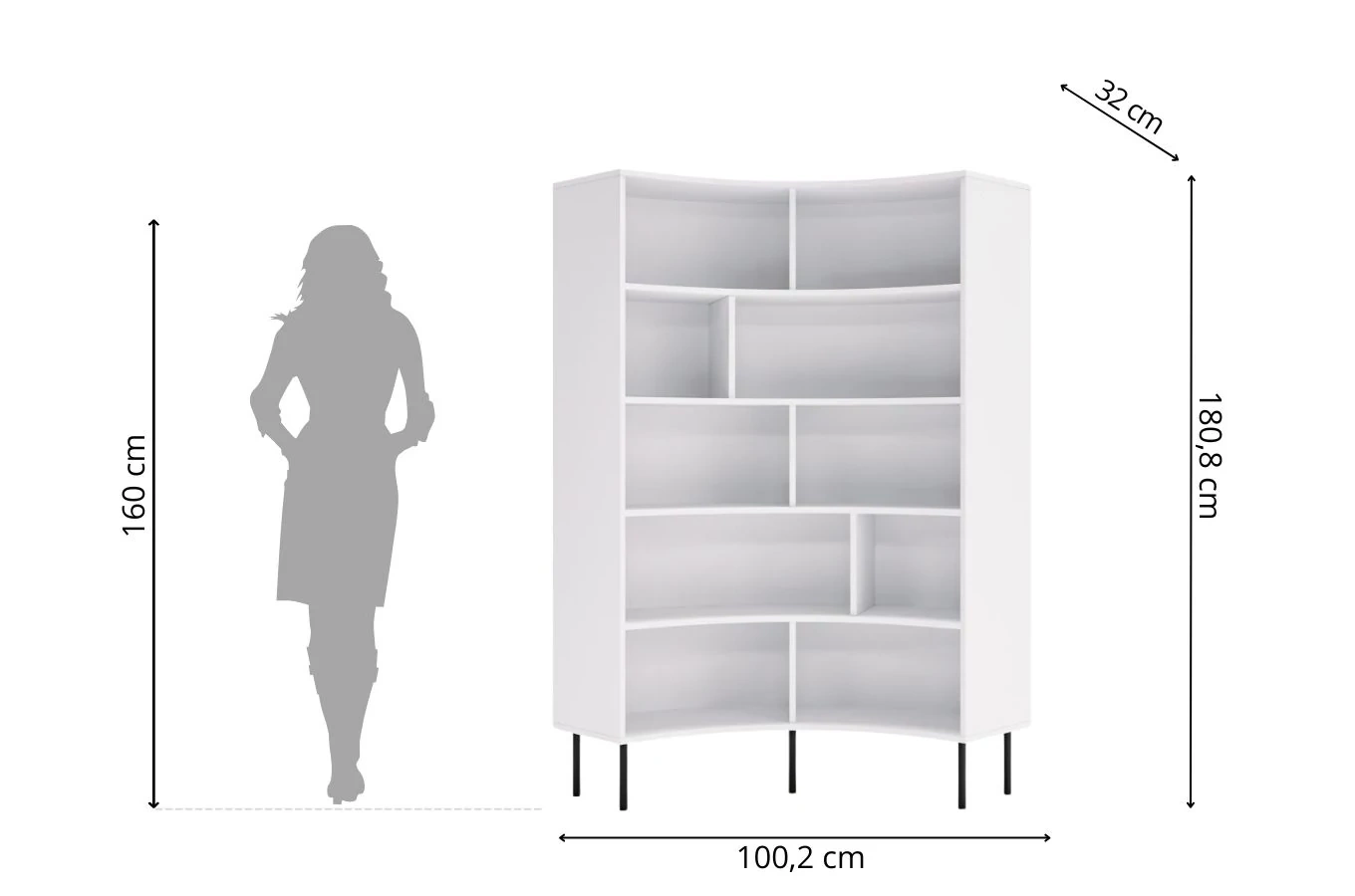 Skandica Horn Eckregal / Bücherregal / Hoches Regal In Bogenform / Mit Schwarzen Beinen / 10 Fächern / 100 Cm / Weiß