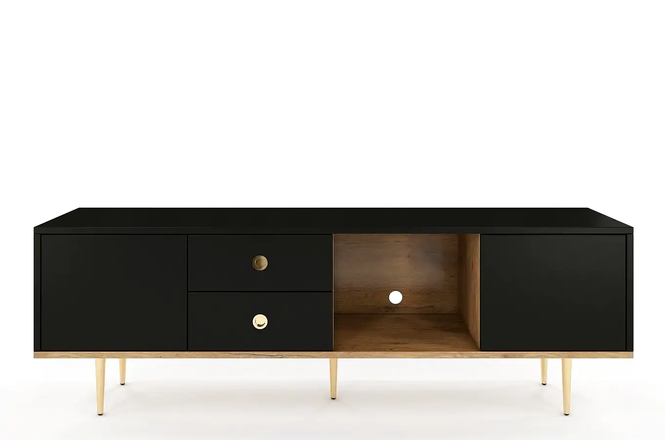 Skandica Harmoni TV-SCHRANK / Kommode Mit Goldenen Details / 2 Türen / 2 Schubladen / 1 Offenes Fach / 160 Cm / Eiche / Schwarz