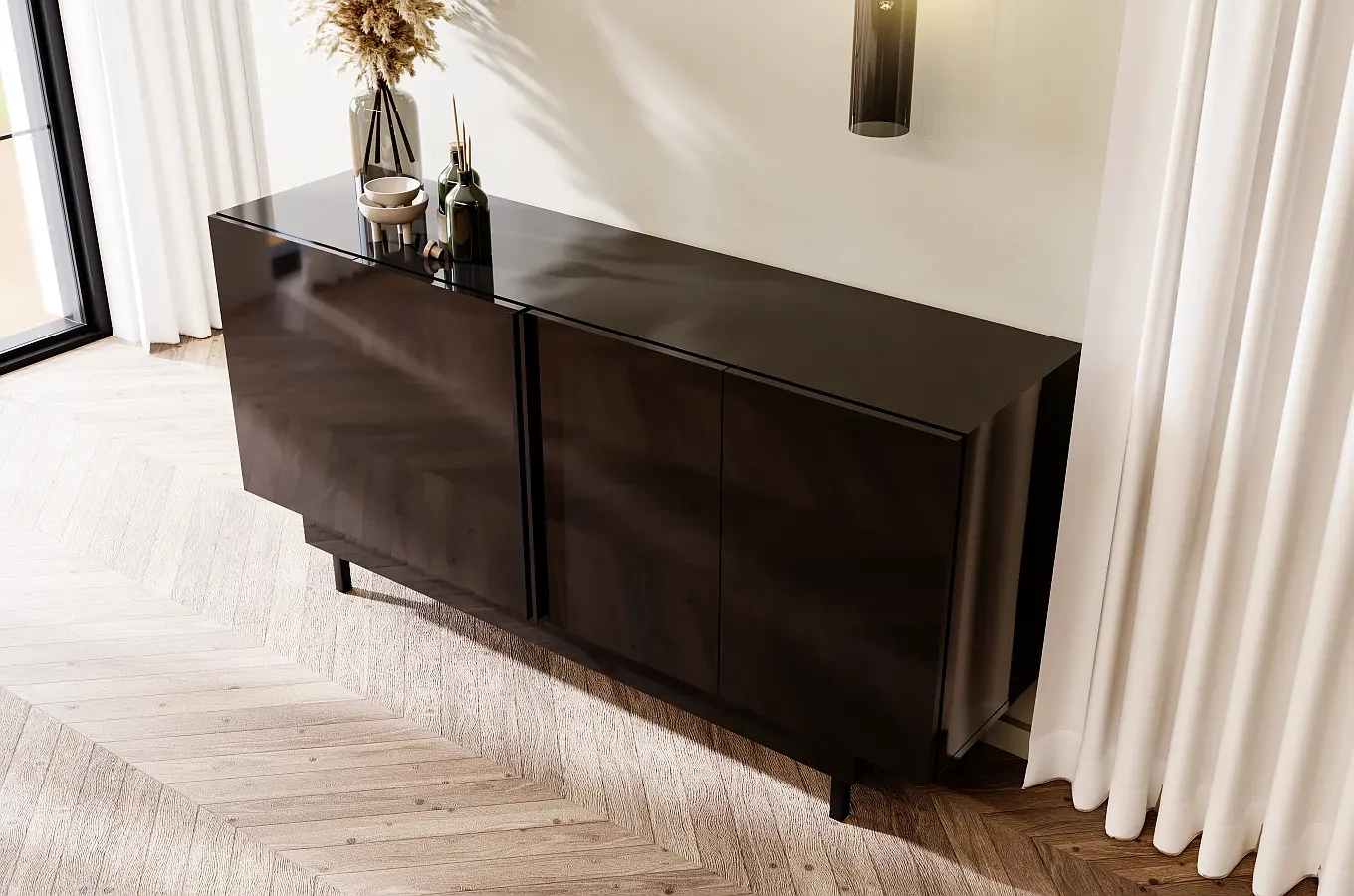 Dancan Artemisa Kommode Mit Goldenem Akzent / Hochglanz / 4 Türen / 163 Cm / Schwarz
