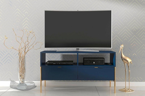 Skandica Polka Elegante Tv-Kommode Auf Goldenen Beinen / 2 Schubladen / 120 Cm / Marineblau