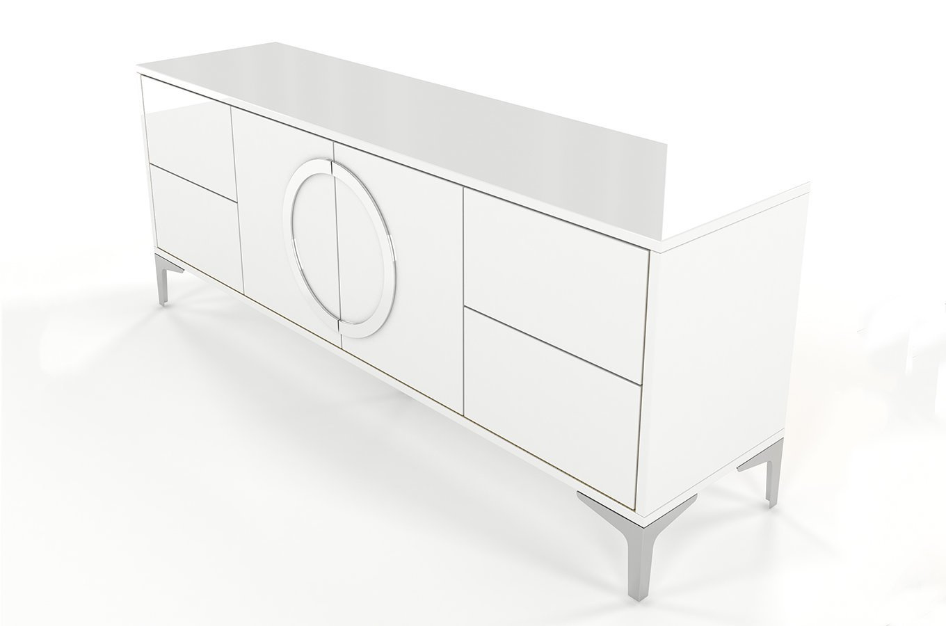 Dancan Eva Moderne Tv-Schrank Mit Silbernen Akzenten / Hochglanz / 4 Schubladen / 150 Cm / Weiß