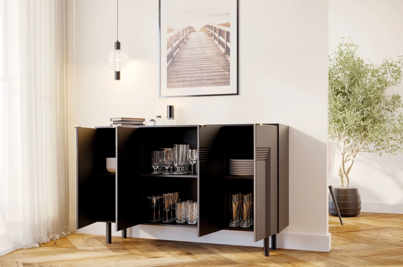 Dancan Yoko Kommode / Tv Schrank / Mit Dekorativen Fronten Und Goldgriffen / 4 Türen / 156 Cm / Schwarz