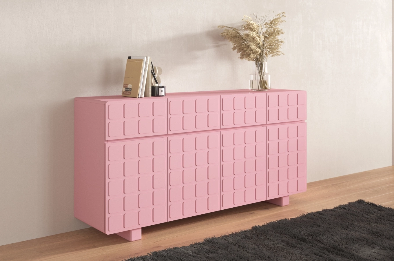 Skandica Cubo Long Kommode 3D mit dekorierter Front / 4 Schubladen / 4 Türen / 169 Cm / Puderrosa