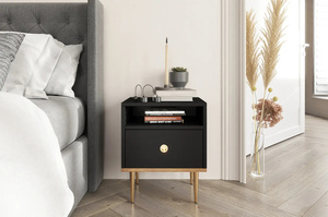 Skandica Harmoni Nachttisch Mit Goldenen Details / 1 Schublade / 1 Offenes Fach / 44 Cm / Eiche / Schwarz