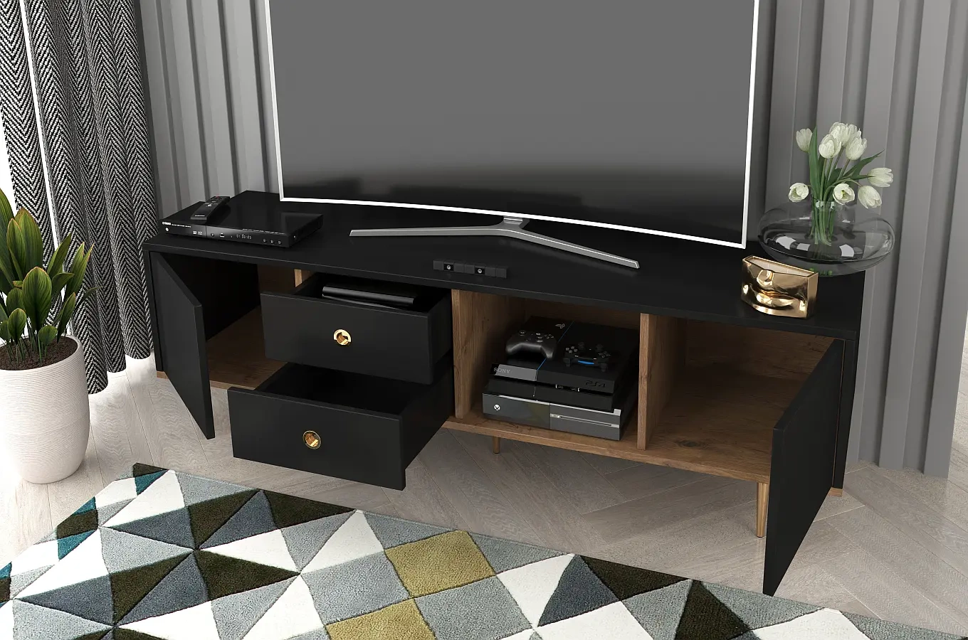 Skandica Harmoni TV-SCHRANK / Kommode Mit Goldenen Details / 2 Türen / 2 Schubladen / 1 Offenes Fach / 160 Cm / Eiche / Schwarz