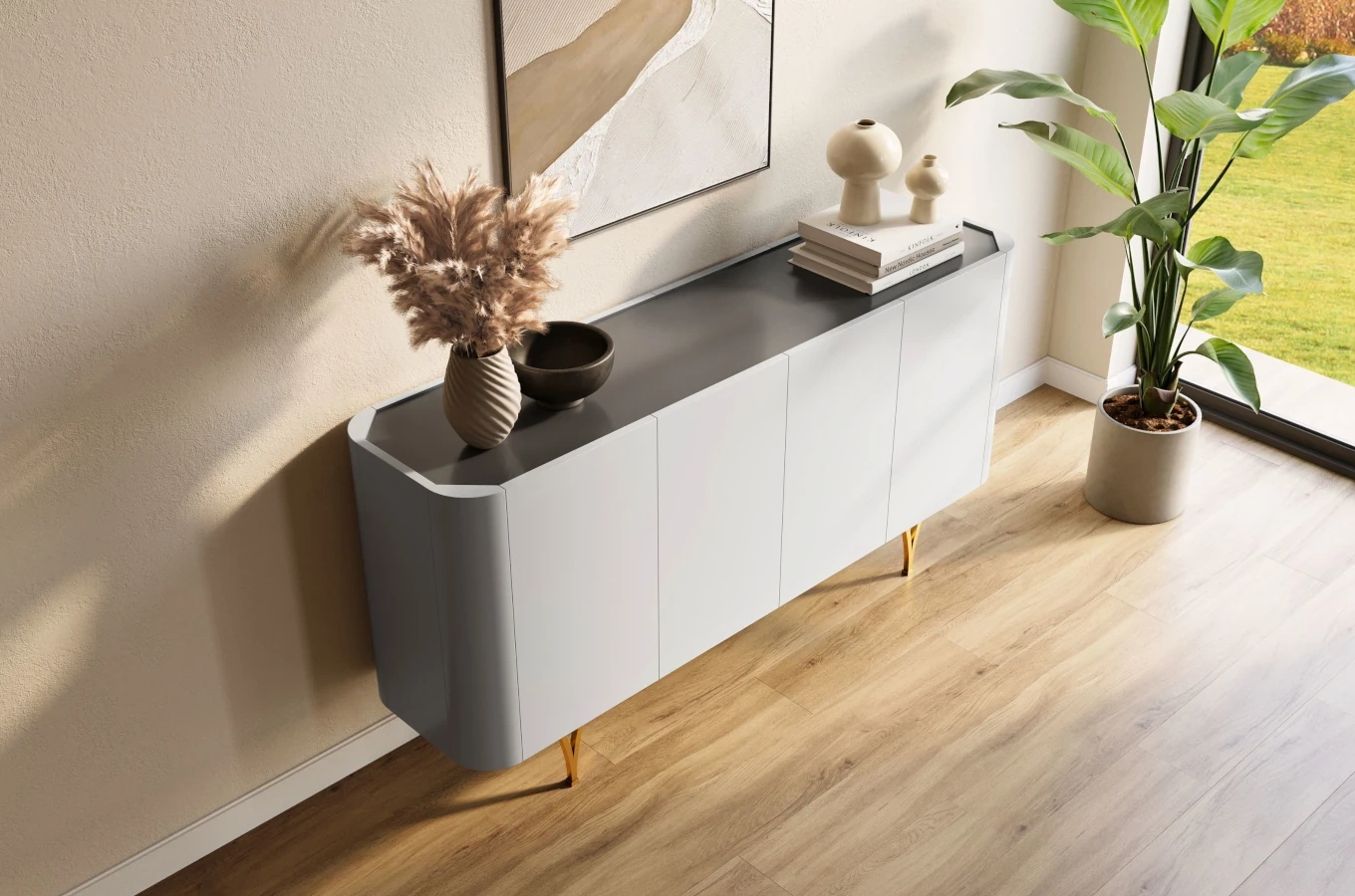 Moderne Kommode Dancan Monza / 160 cm / graue mit goldenen Beinen