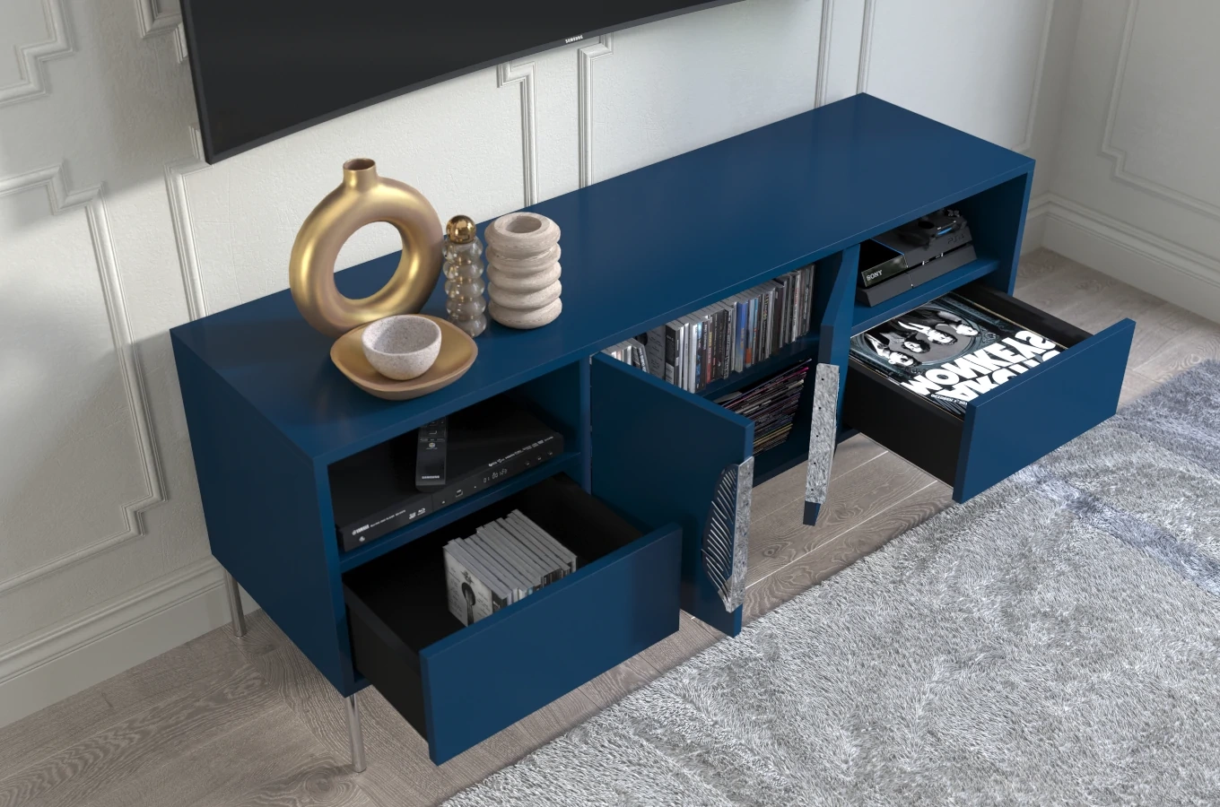 Skandica Merlin Tv-Schrank Mit Silbernen Details / 138 Cm / Marineblau