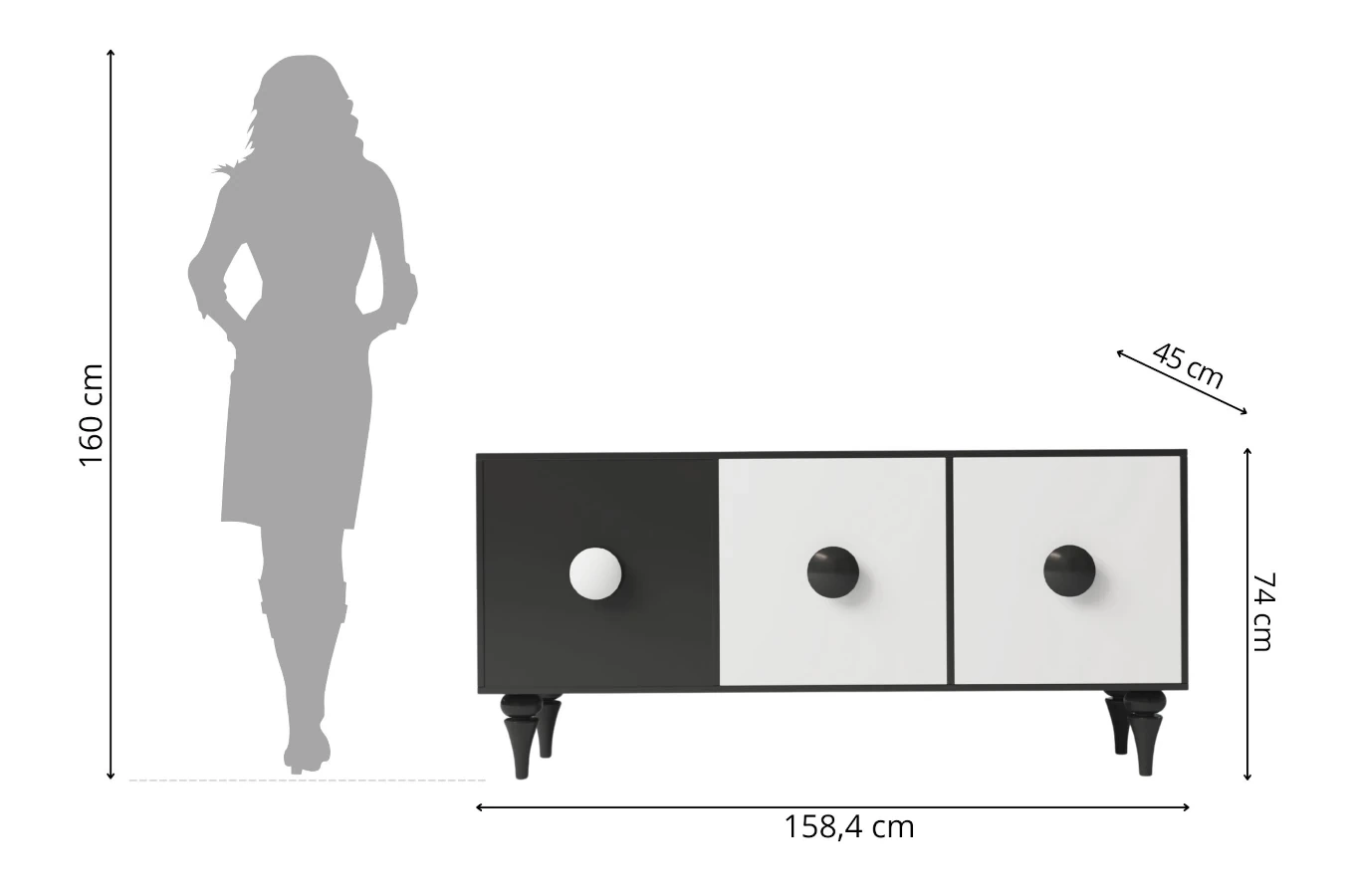 Moderne Kommode Dancan Paradis / 3 Fächer / 158 cm / Schwarz-Weiß