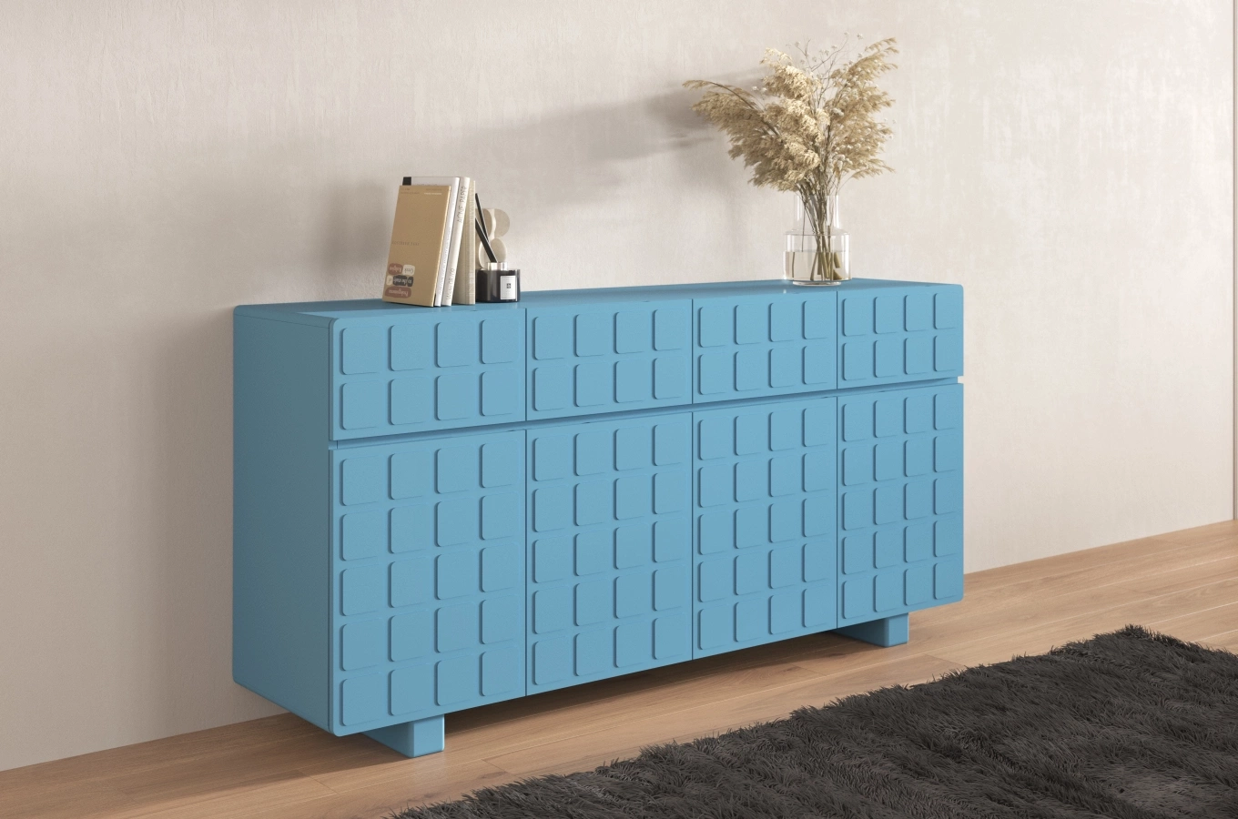 Skandica Cubo Long Kommode 3D mit dekorierter Front / 4 Schubladen / 4 Türen / 169 Cm / Pastellblau