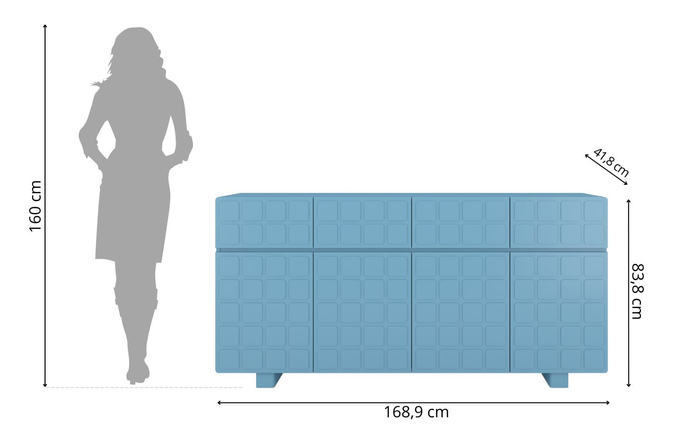 Skandica Cubo Long Kommode 3D mit dekorierter Front / 4 Schubladen / 4 Türen / 169 Cm / Pastellblau