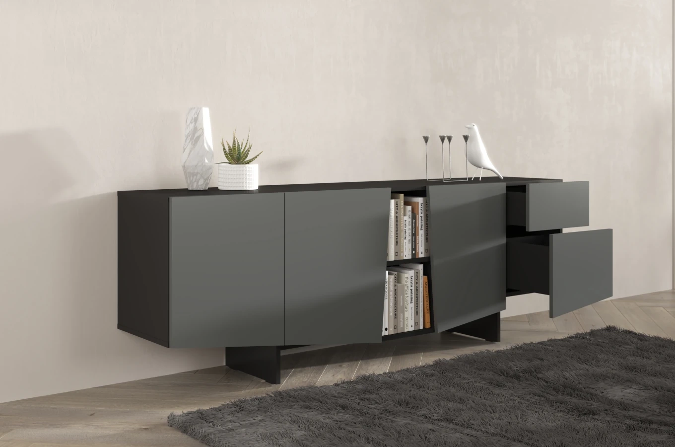 Skandica Wing Moderne Kommode mit Schubladen / Asymmetrische Fronten / 200 Cm / Schwarz-Grau