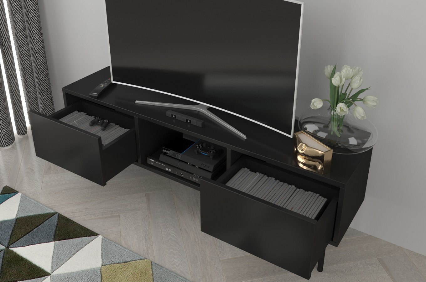 Dancan Mirka Minimalistische Tv-Schrank Auf Metallbeinen / 130 Cm / Schwarz