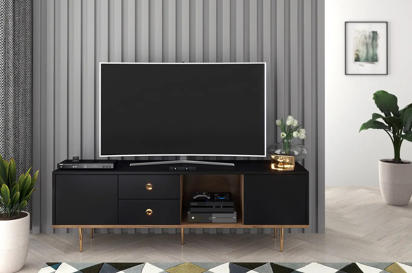 Skandica Harmoni TV-SCHRANK / Kommode Mit Goldenen Details / 2 Türen / 2 Schubladen / 1 Offenes Fach / 160 Cm / Eiche / Schwarz