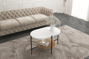 Dancan Arena Moderner Couchtisch mit 2 Ablagen / Oval + Rund / 80 x 50 x 50 Cm / mit Schwarz Metallgestell / Weiß / Eiche