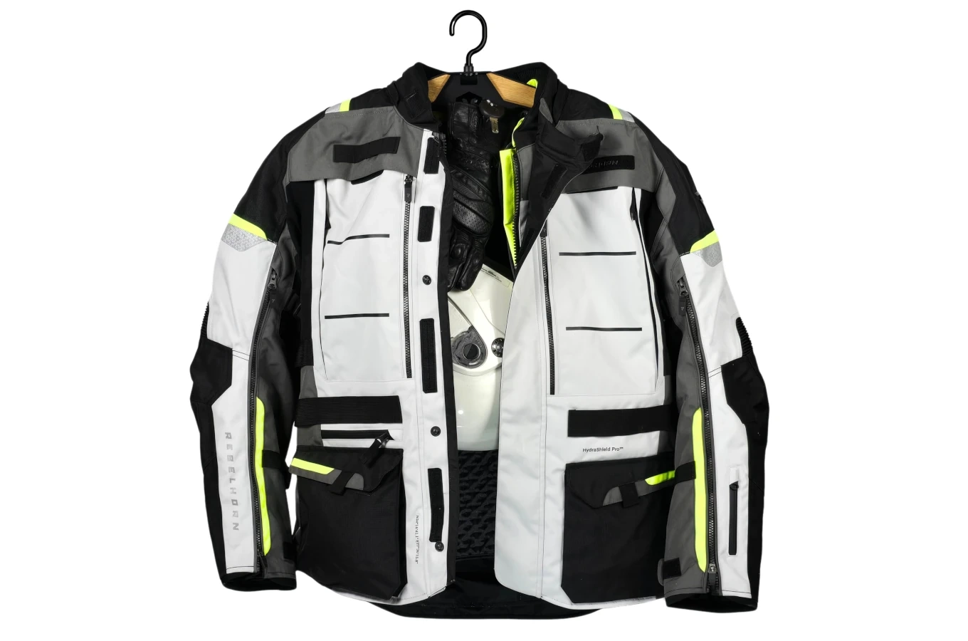 Metall-Kleiderbügel für Motorradhelm, Mütze, Jacke, Kleidung, Schlüssel / 14 Haken / alle Accessoires an einem Ort ohne Bohren / Schwarzer mit Eichenholzelementen