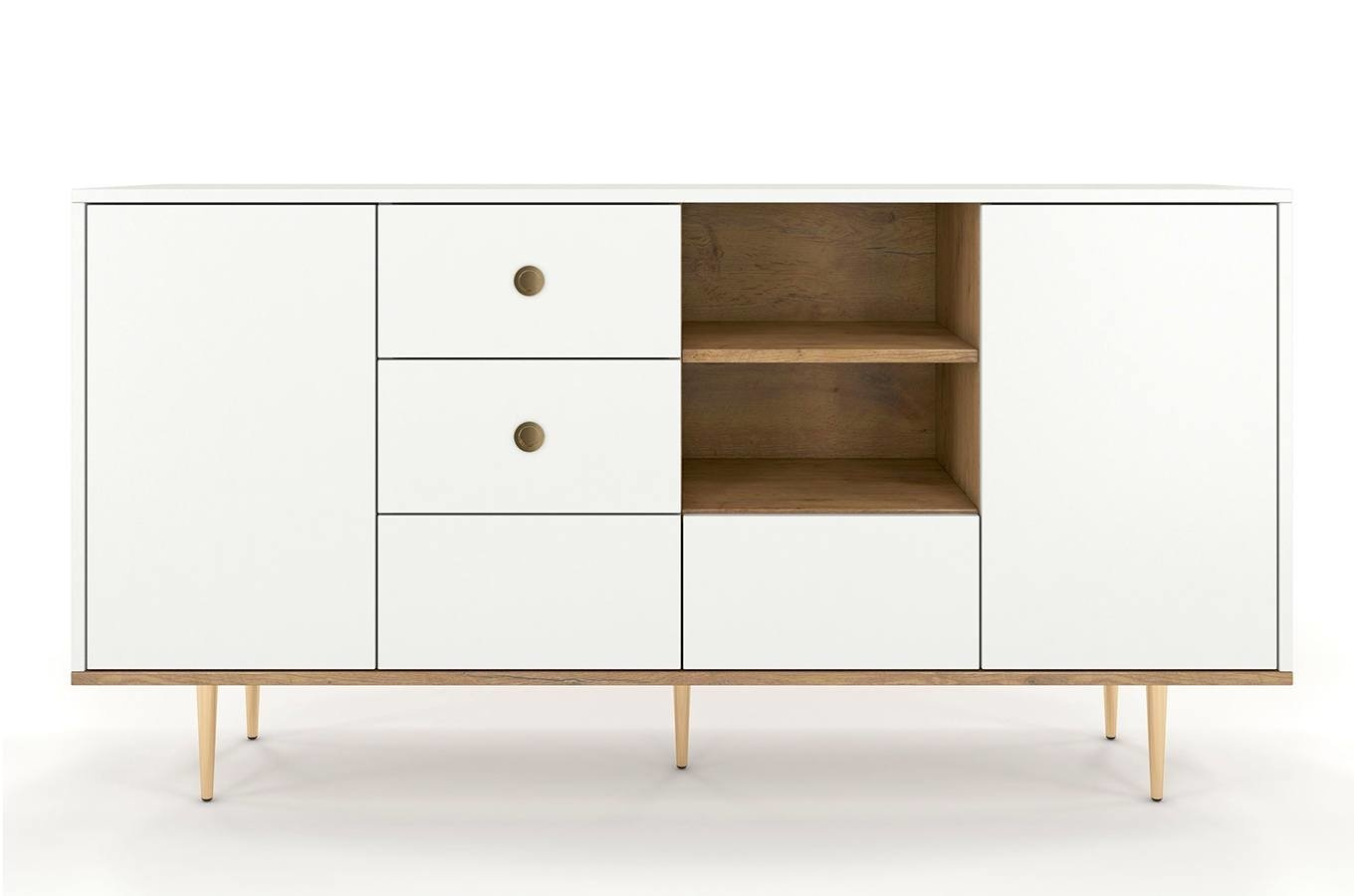Harmoni Kommode Mit Goldenen Details / 2 Türen / 4 Schubladen / 2 Offenen Fächern / 160 Cm / Eiche / Weiß