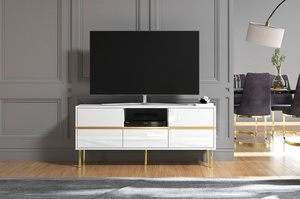 Dancan Marika Tv-Kommode Mit Goldenen Akcentem / Hochglanz / 5 Schubladen / 1 Offenem Fach / 137 Cm / Weiß