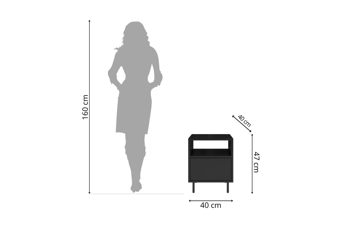 Dancan Mirka Minimalistische Nachttisch Mit Schublade Auf Metallbeinen / 40 Cm / Schwarz