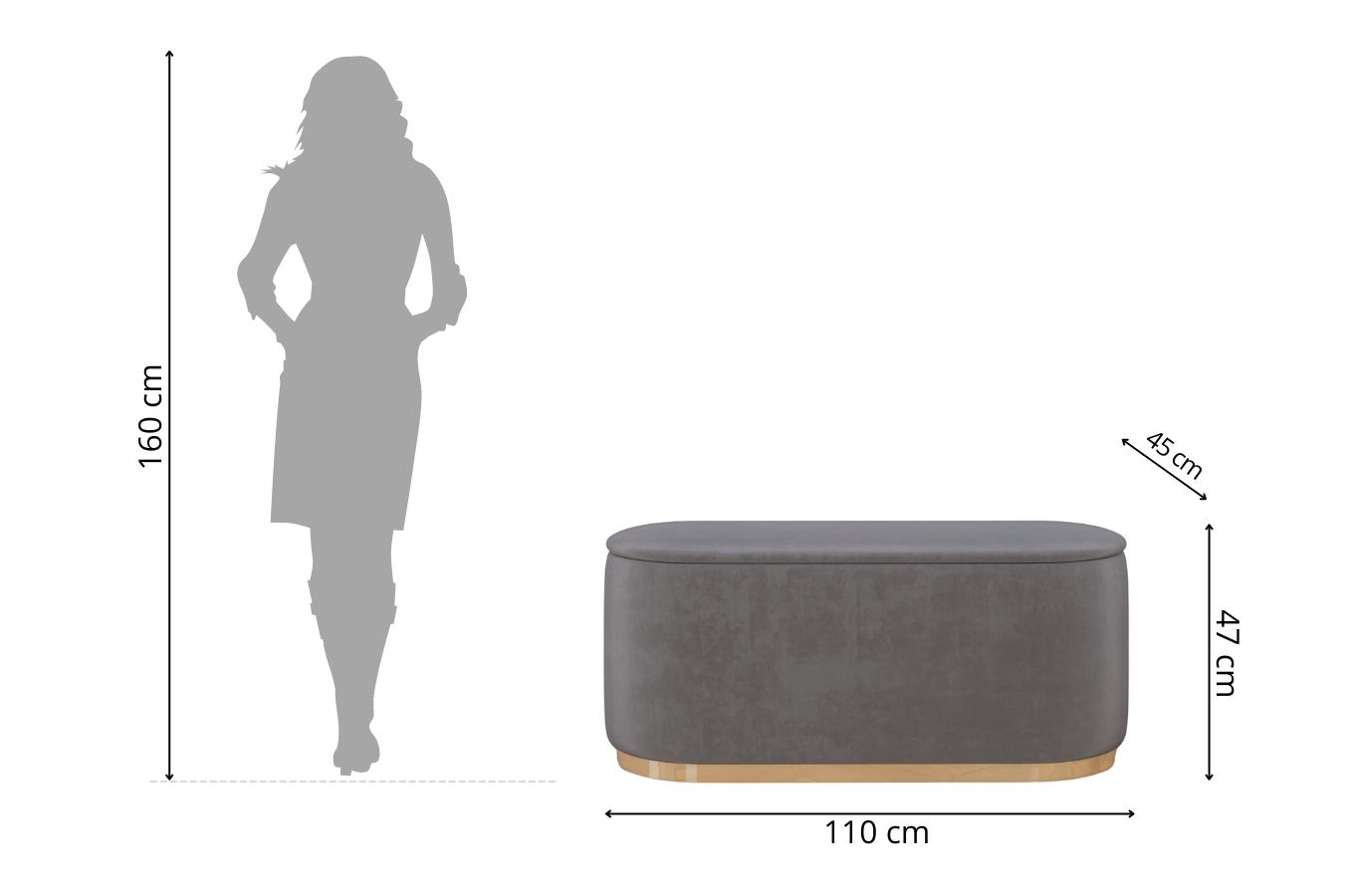Dancan Scarlett ovaler pouf mit Stauraum / Sitzpuff mit Samtstoff bezogen / 110 Cm / Hellgrau