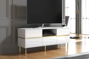 Dancan Marika Tv-Kommode Mit Goldenen Akcentem / Hochglanz / 5 Schubladen / 1 Offenem Fach / 137 Cm / Weiß