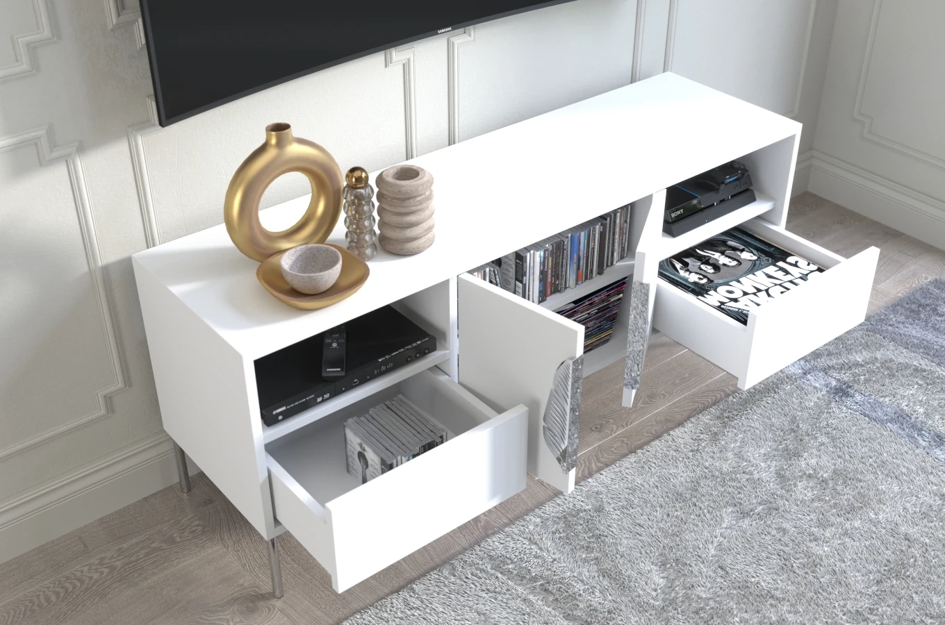 Skandica Merlin Tv-Schrank Mit Silbernen Details / 138 Cm / Weiß