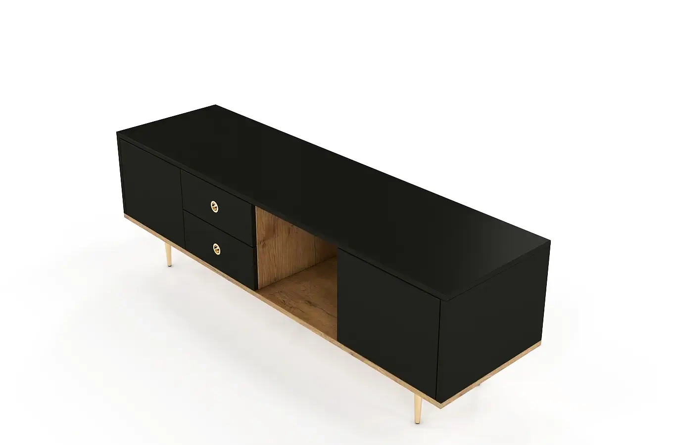 Skandica Harmoni TV-SCHRANK / Kommode Mit Goldenen Details / 2 Türen / 2 Schubladen / 1 Offenes Fach / 160 Cm / Eiche / Schwarz