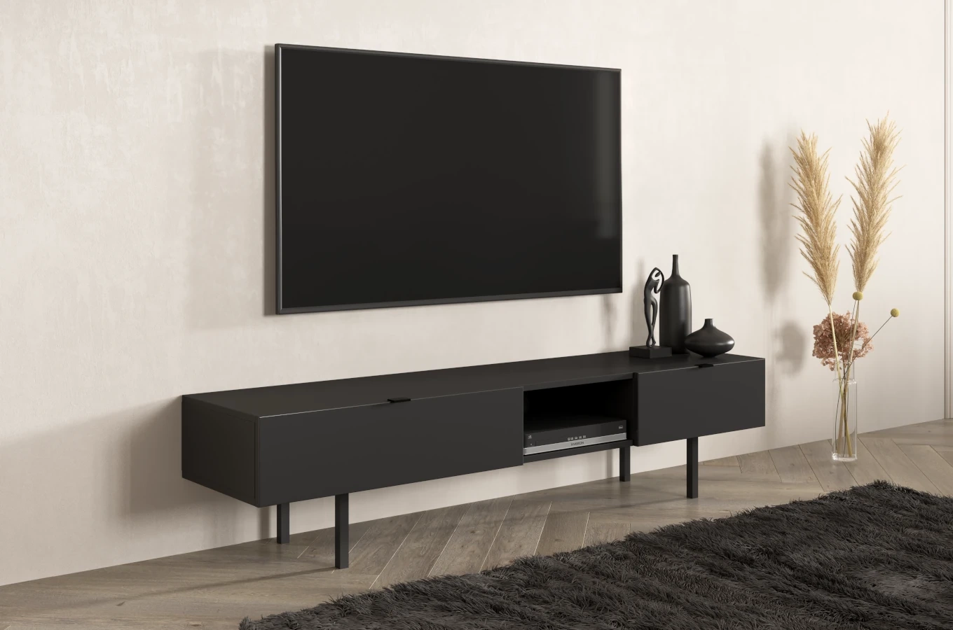 Skandica Myway Moderne TV-Schrank mit Schublade / Minimalistische TV-Schrank auf Metallbeinen / 180 Cm / Schwarz