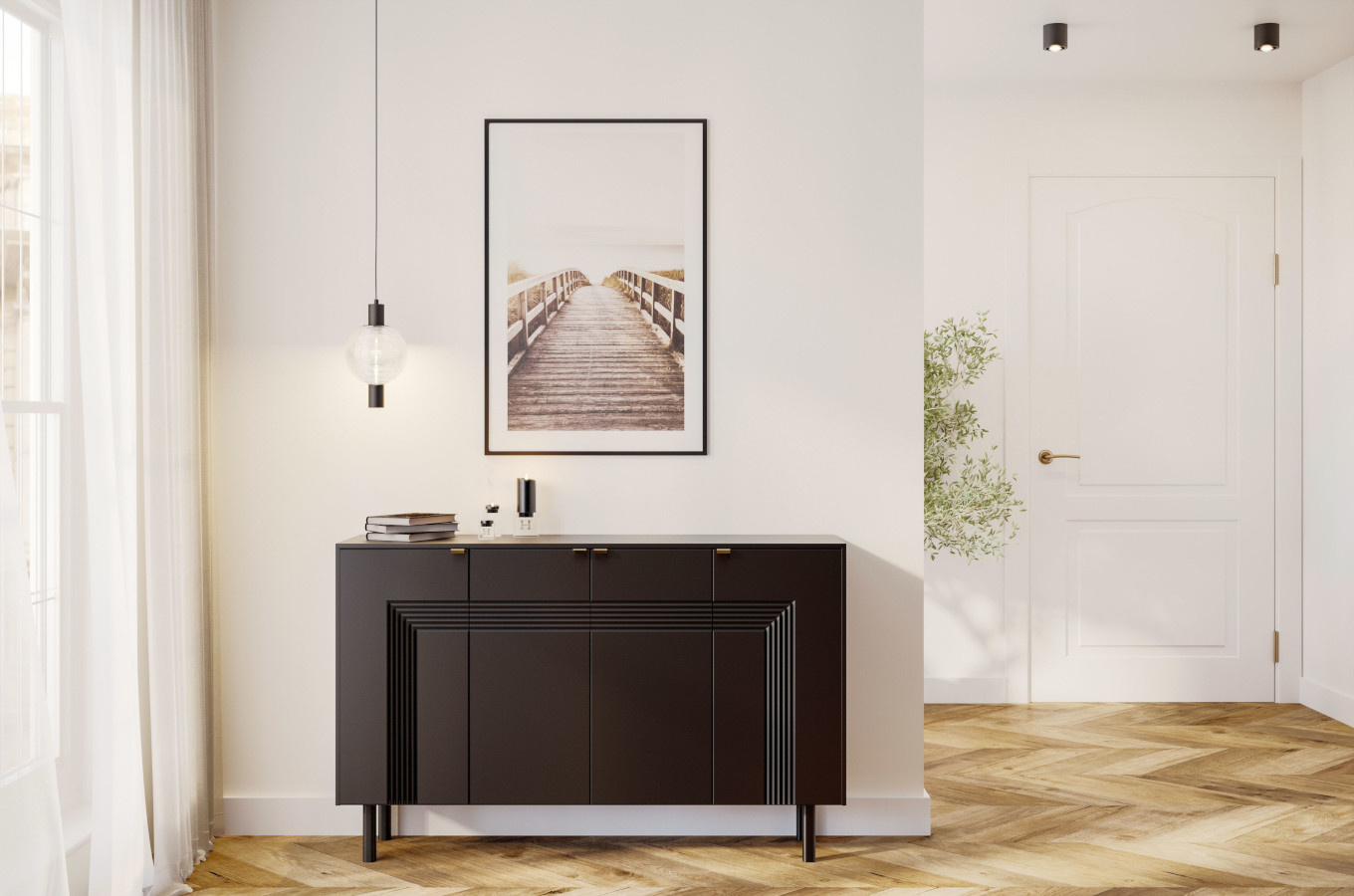 Dancan Yoko Kommode / Tv Schrank / Mit Dekorativen Fronten Und Goldgriffen / 4 Türen / 156 Cm / Schwarz