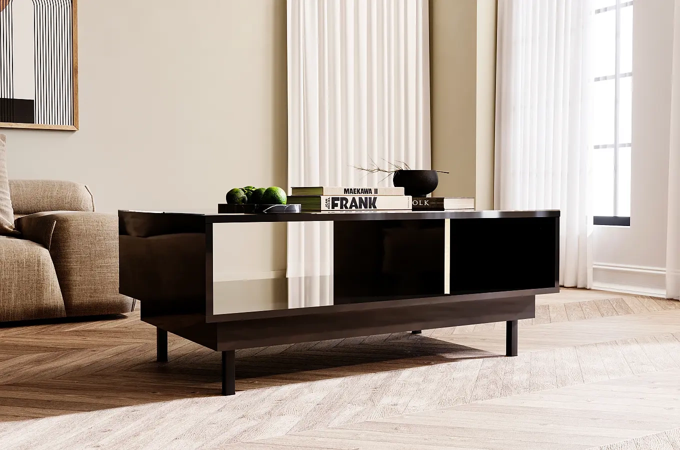 Dancan Artemisa Couchtisch Mit Goldenem Akzent / Hochglanz / 3 Fächern / 115 Cm / Schwarz