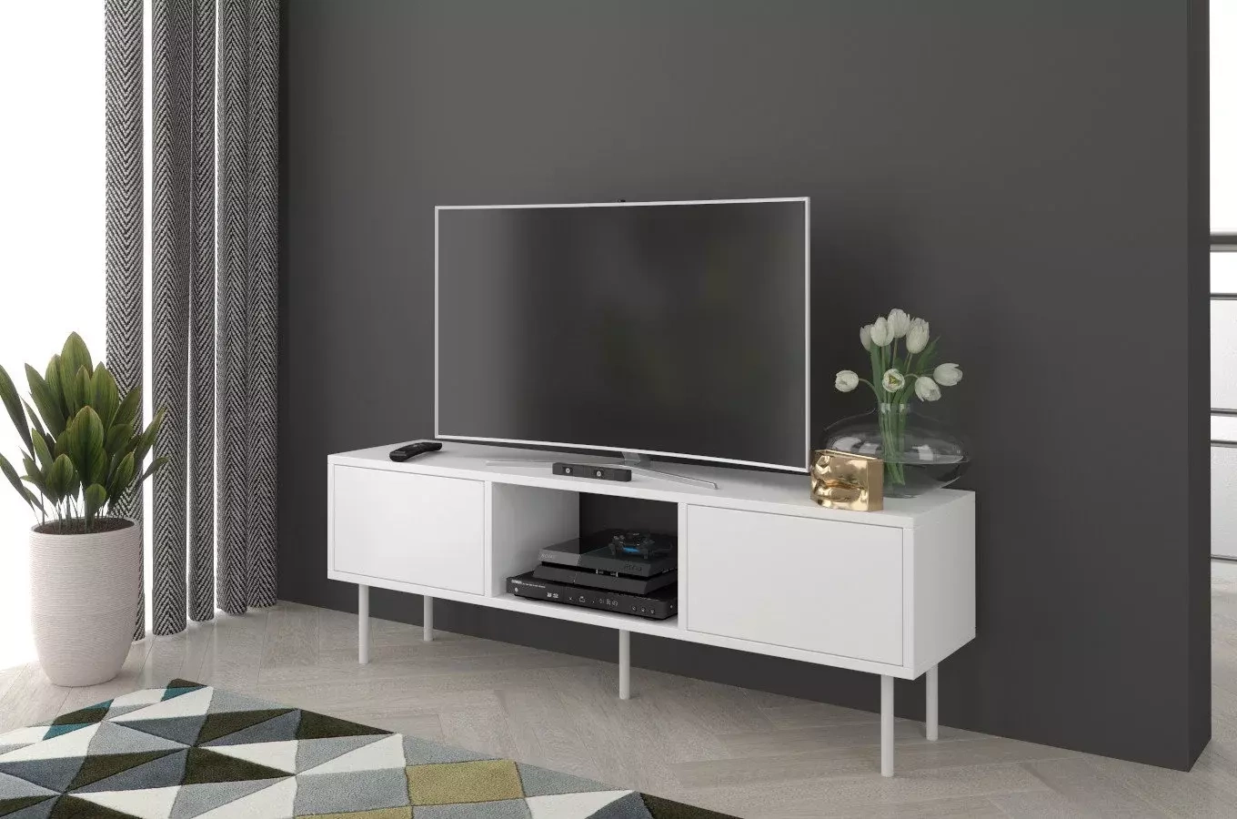 Dancan Mirka Minimalistische Tv-Schrank Auf Metallbeinen / 130 Cm / Weiß