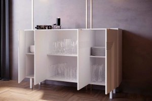 Dancan Yoko Kommode / Tv Schrank / Mit Dekorativen Fronten Und Goldgriffen / 4 Türen / 156 Cm / Weiß