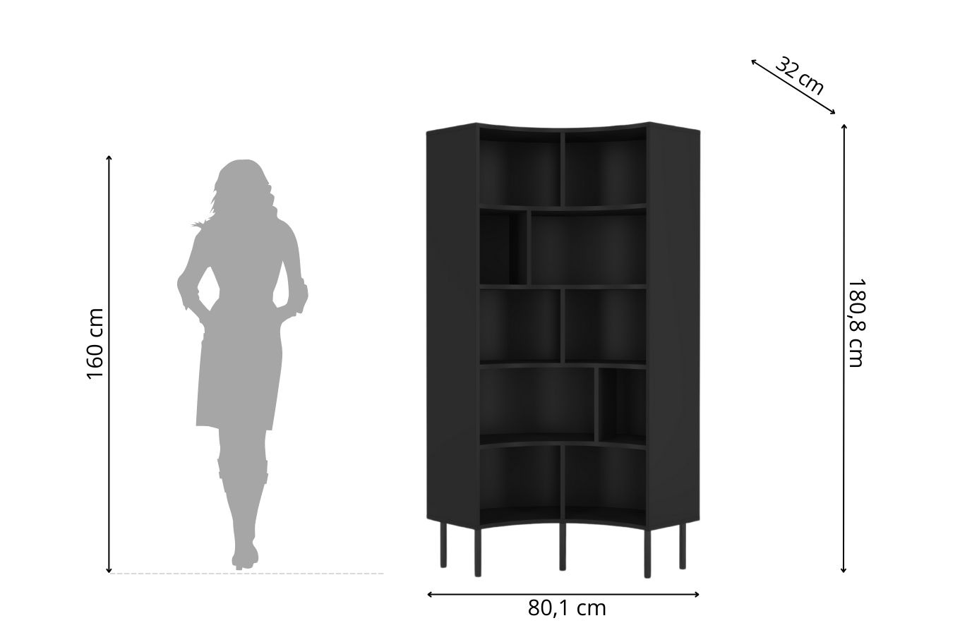 Skandica Horn Eckregal / Bücherregal / Hoches Regal In Bogenform / Mit Schwarzen Beinen / 10 Fächern / 80 Cm / Schwarz