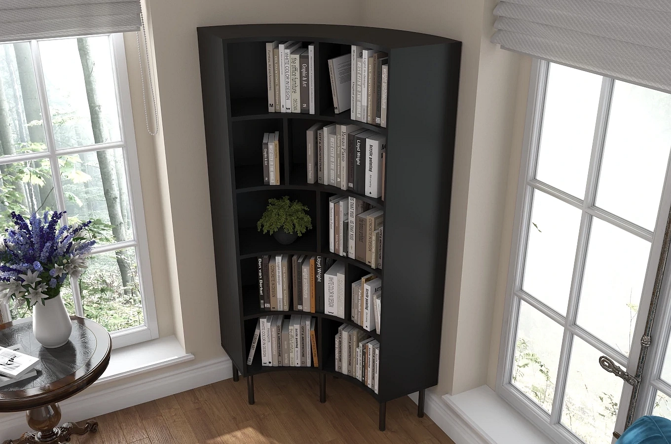 Skandica Horn Eckregal / Bücherregal / Hoches Regal In Bogenform / Mit Schwarzen Beinen / 10 Fächern / 80 Cm / Schwarz