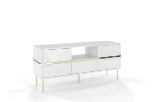 Dancan Marika Tv-Kommode Mit Goldenen Akcentem / Hochglanz / 5 Schubladen / 1 Offenem Fach / 137 Cm / Weiß
