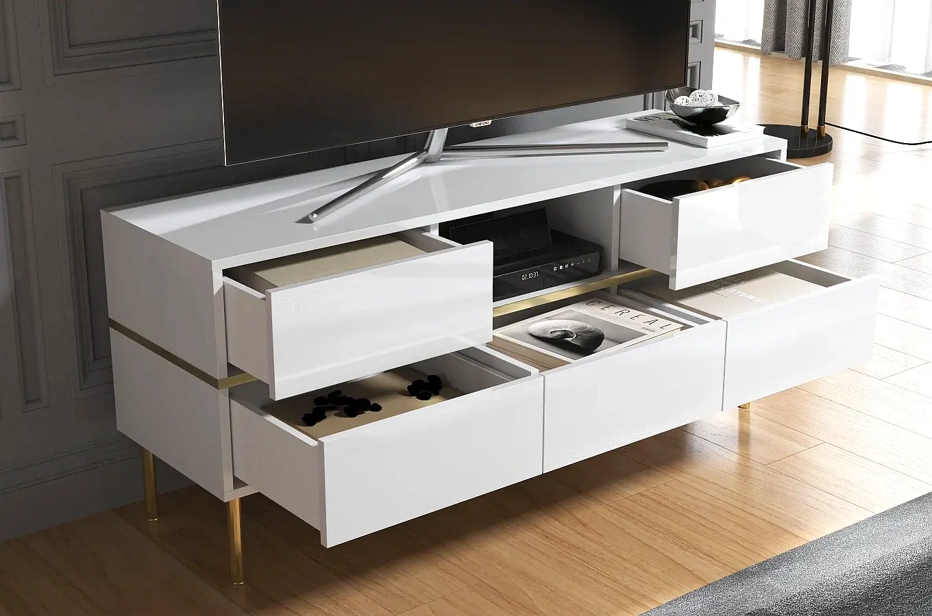 Dancan Marika Tv-Kommode Mit Goldenen Akcentem / Hochglanz / 5 Schubladen / 1 Offenem Fach / 137 Cm / Weiß