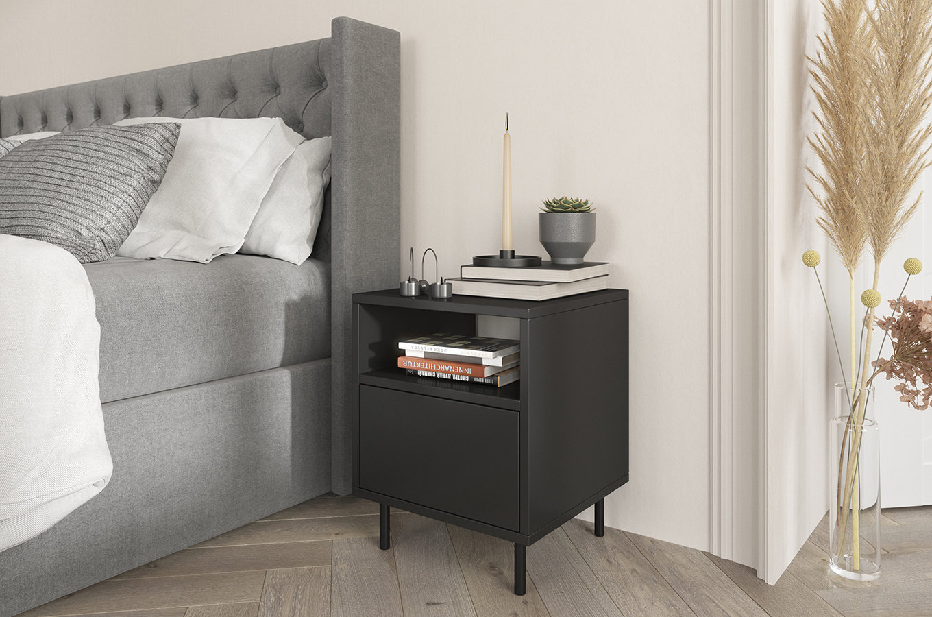 Dancan Mirka Minimalistische Nachttisch Mit Schublade Auf Metallbeinen / 40 Cm / Schwarz
