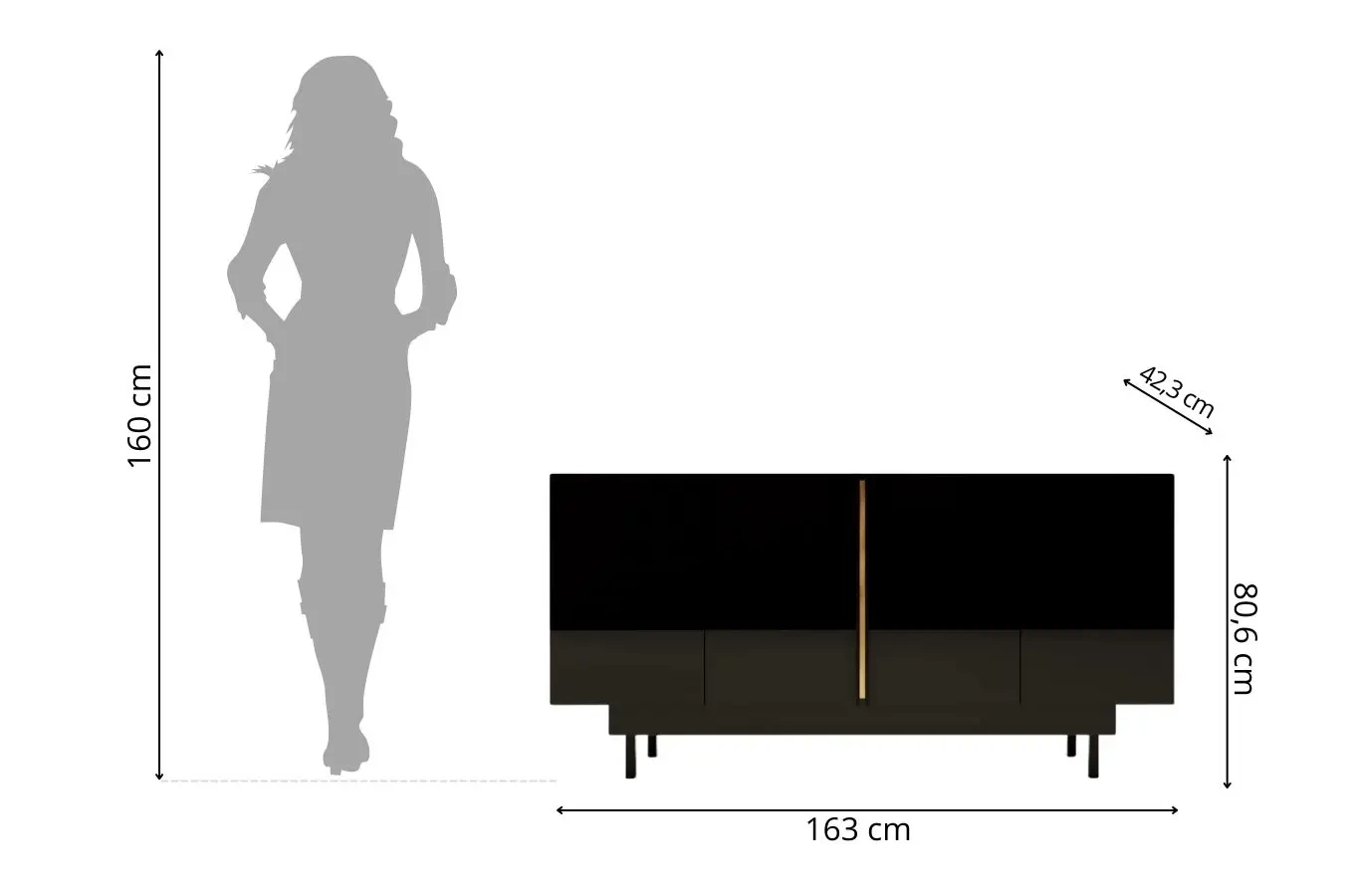 Dancan Artemisa Kommode Mit Goldenem Akzent / Hochglanz / 4 Türen / 163 Cm / Schwarz