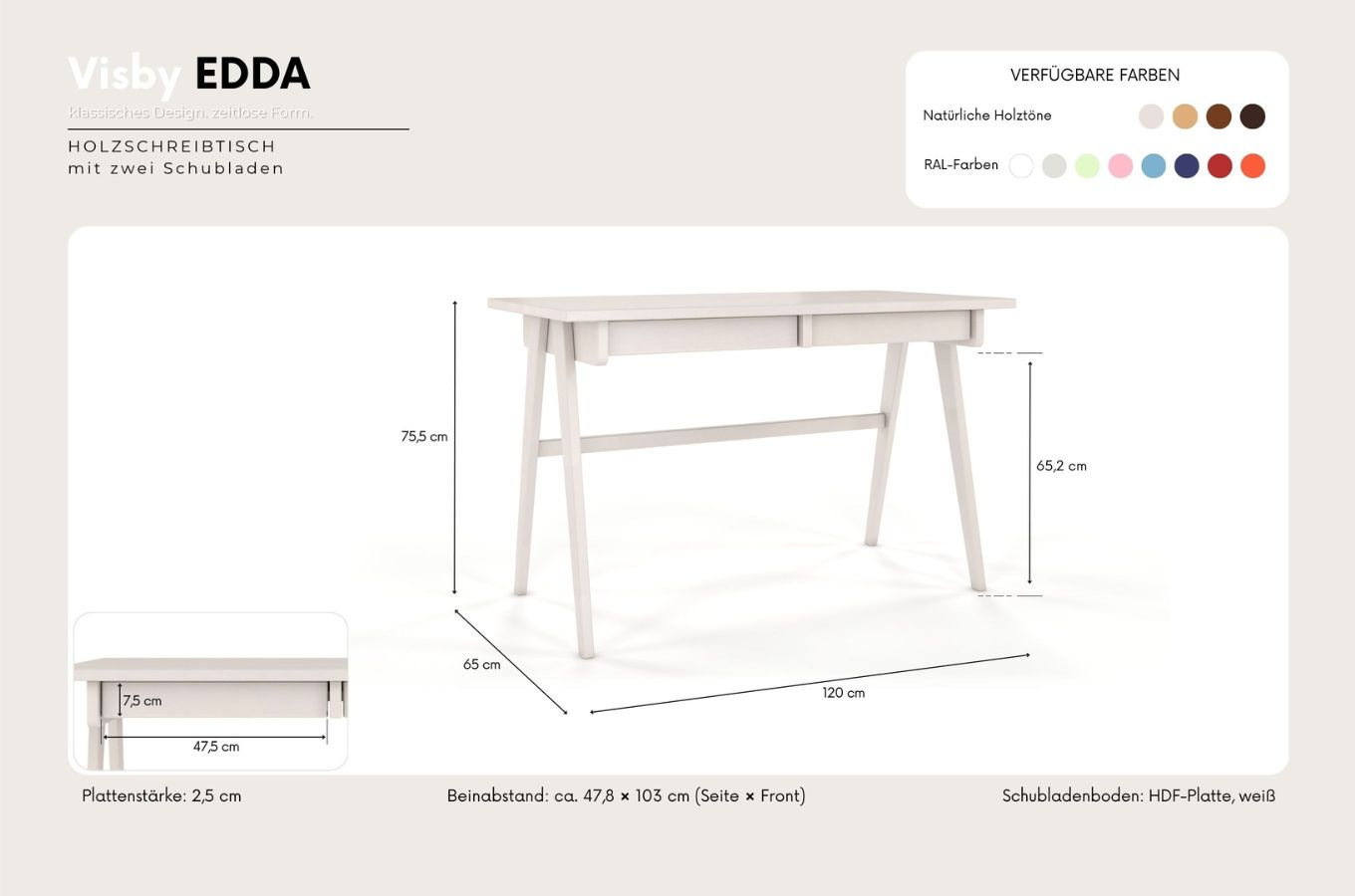 Schreibtisch / Schminktisch mit Schubladen aus Holz Visby Edda / Orange