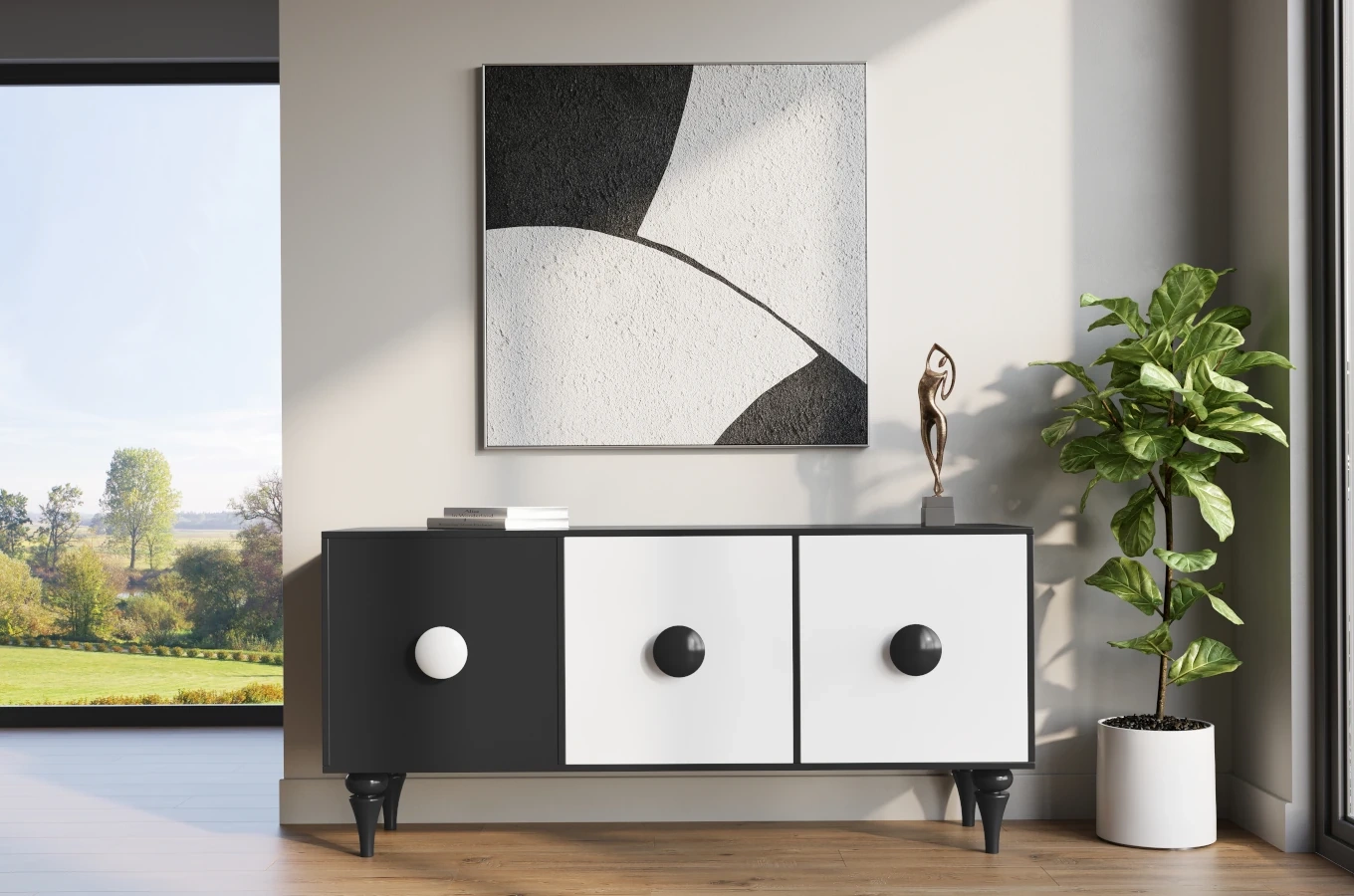 Moderne Kommode Dancan Paradis / 3 Fächer / 158 cm / Schwarz-Weiß