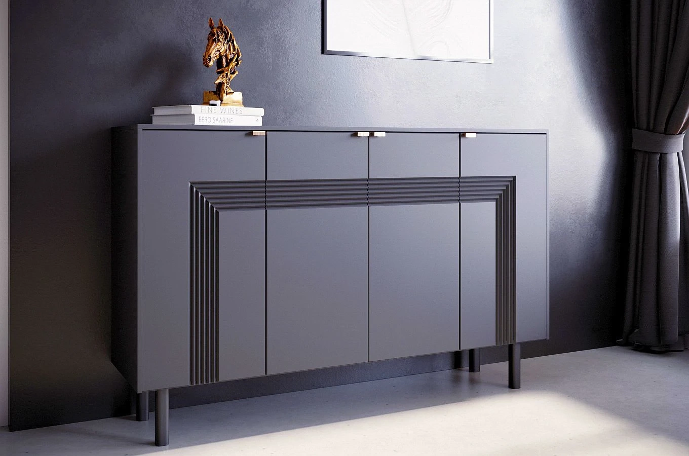 Dancan Yoko Kommode / Tv Schrank / Mit Dekorativen Fronten Und Goldgriffen / 4 Türen / 156 Cm / Schwarz