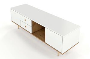 Skandica Harmoni TV-SCHRANK / Kommode Mit Goldenen Details / 2 Türen / 2 Schubladen / 1 Offenes Fach / 160 Cm / Eiche / Weiß