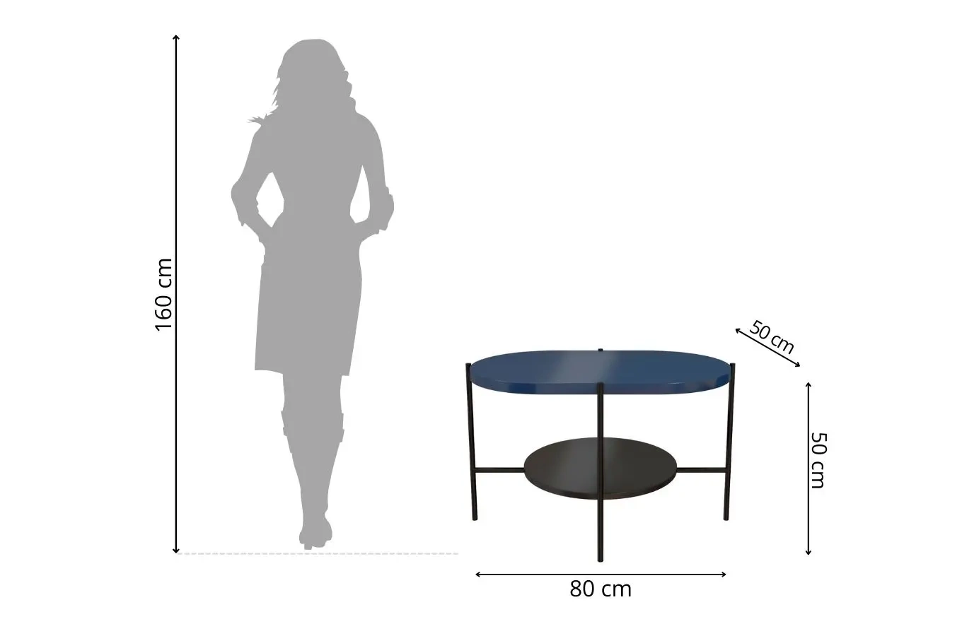 Dancan Arena Moderner Couchtisch mit 2 Ablagen / Oval + Rund / 80 x 50 x 50 Cm / mit Schwarz Metallgestell / Marineblau / Schwarz